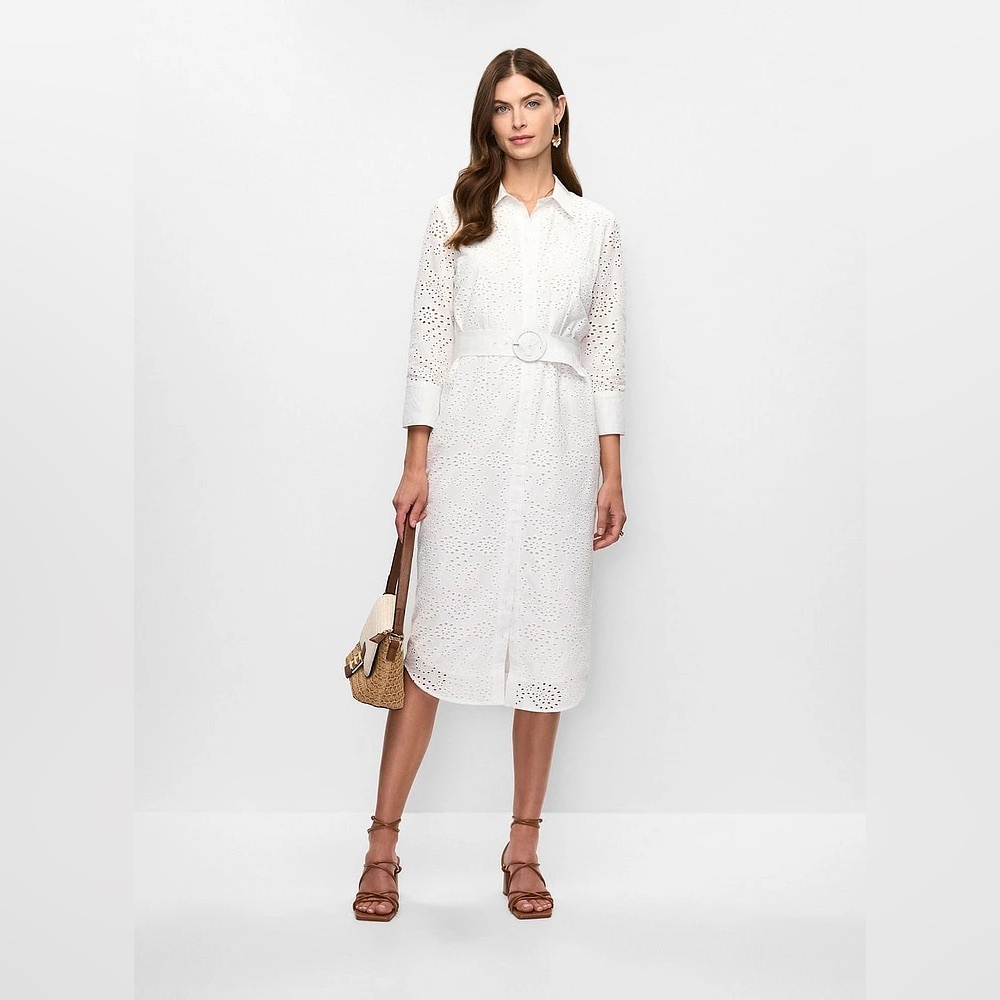 White Eyelet Midi Shirt Dress with Belt